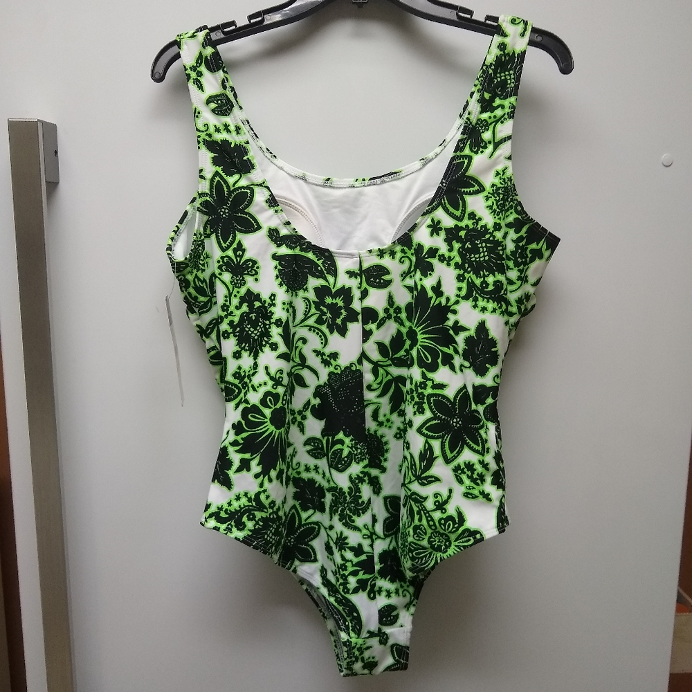 NWT Emily B Originals White Black Neon Green One Piece Floral Swimsuit - Size XL - Picture 4 of 11